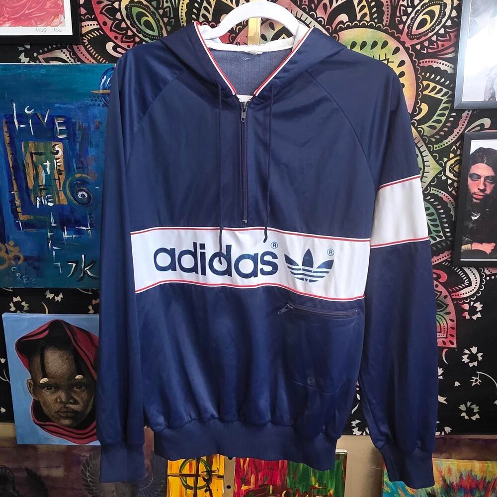 Vintage 80s Adidas Terry Cloth Track Jacket Blue Player Issued Euro Import 52 L